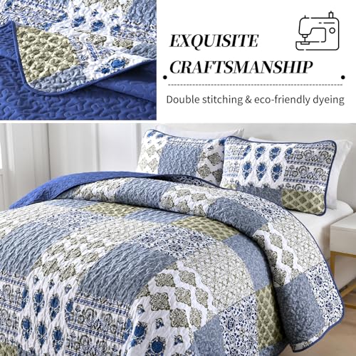 King Size Patchwork Floral Quilt Set - Aqua Blue Microfiber