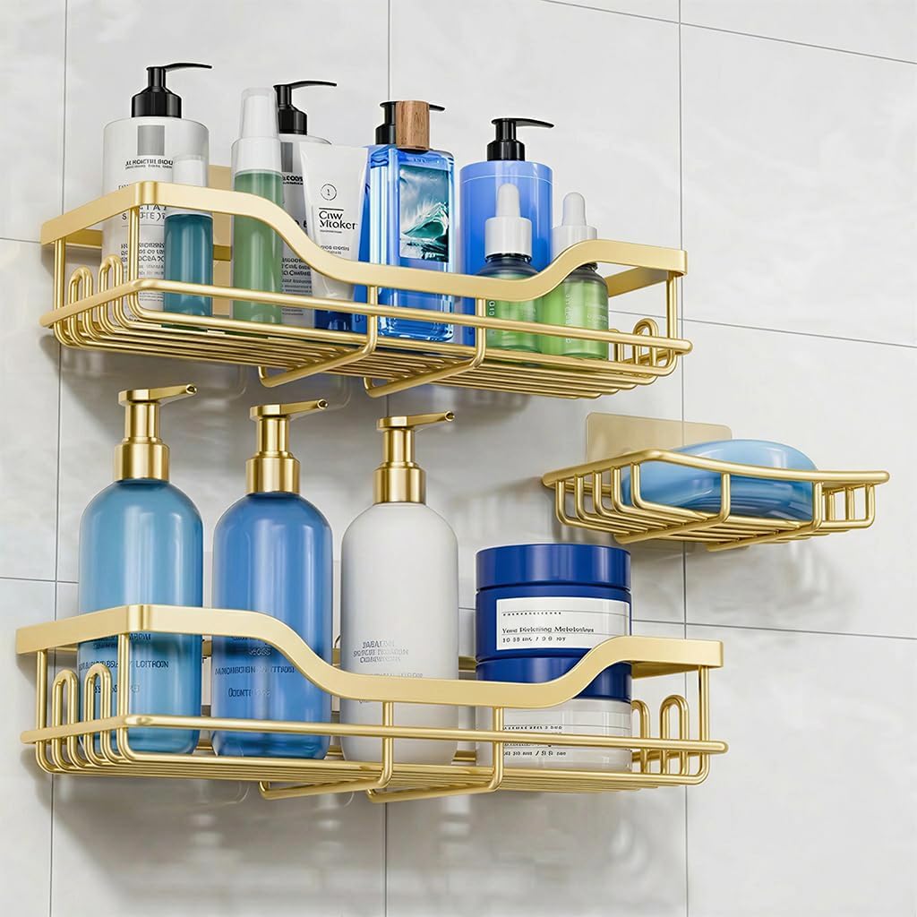 OMAIRA Shower Caddy - 3-Pack Rustproof Organizer with Soap Holder for Smooth Wall & Glass Tile (Gold)