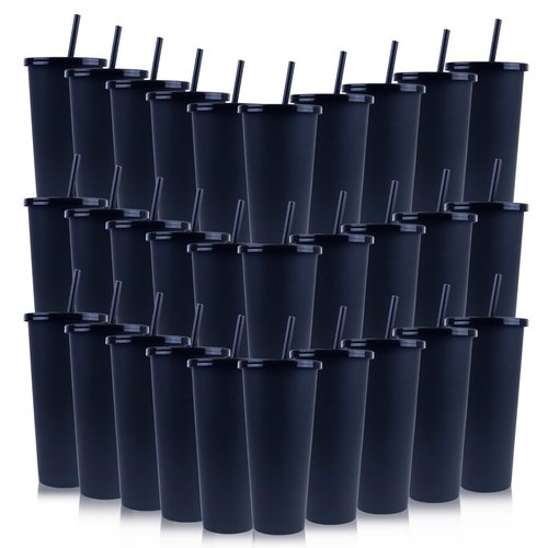 Ahongwenxi 30 Pack Halloween Black Plastic Cups with Lids and Straws, 24 oz Disposable Plastic Tumblers Iced Coffee Cups Travel Mug Cup for Juices Birthday Bachelorette Party Wedding (Black,24 oz)