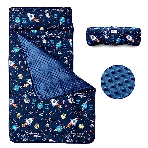 Toddler Nap Mat with Removable Pillow and Minky Blanket for Daycare
