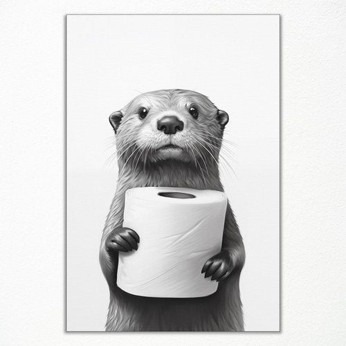 Funny Bathroom Wall Art | Cute Otter Holding Toilet Paper | 16x24in Unframed Canvas Decor