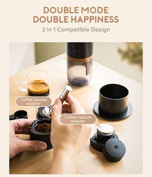 BRBHOM Portable Electric Espresso Coffee Maker Electric Coffee Machine Compatible with NS Capsules and Coffee grounds for Camping, Travel, Home【Self-Heating version】
