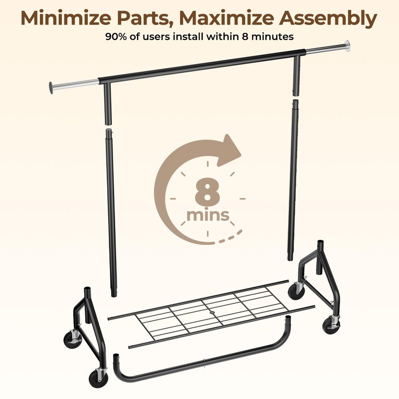 HYSEYY Heavy-Duty 450LBS Capacity Metal Clothes Rack，Rolling Clothing Rack with Wheels & Shelves, Portable Standing Wardrobe Rack for Hanging Clothes, Black (Black, L)