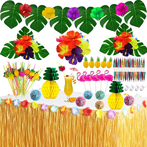 Tropical Luau Party Decorations Set with 9ft Grass Table Skirt & Accessories