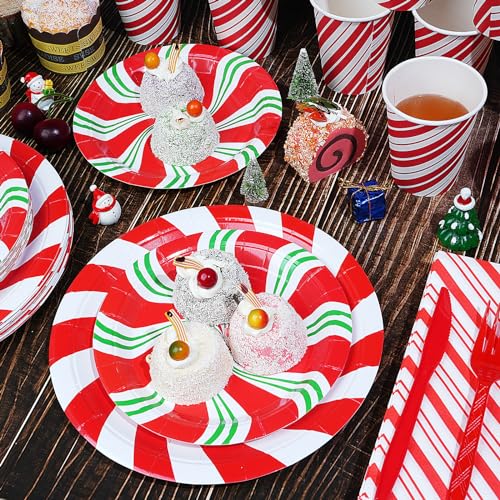 350 Pack Christmas Candy Cane Party Plates Napkins Cutlery Set for Holiday Celebration