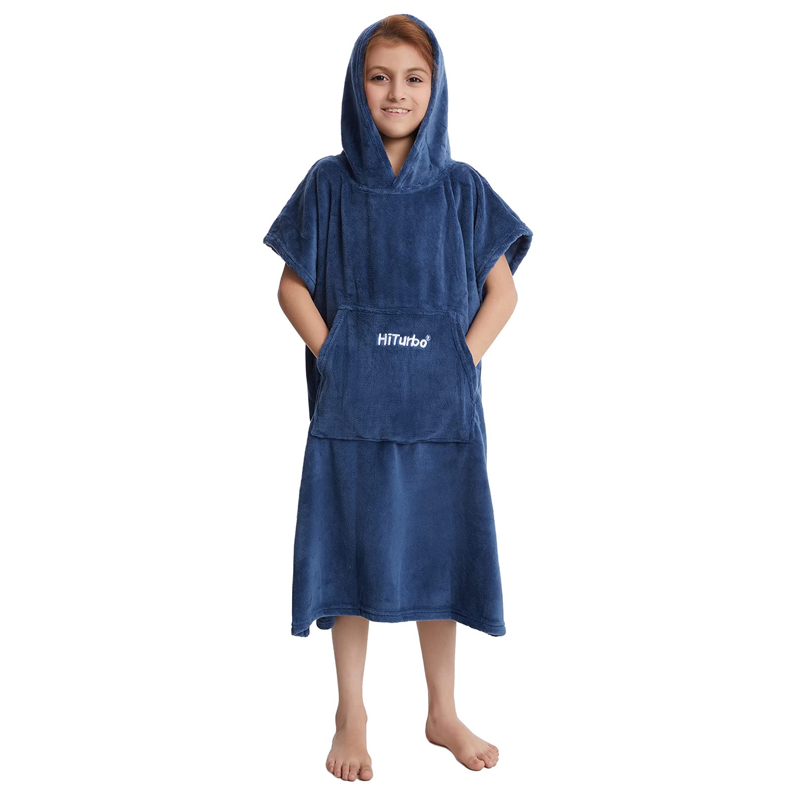 Hiturbo Kids Towel Changing Robe: Soft Plush Bath Towels - Warm Coral Fleece Hoodie - Swim Surf Poncho for 5-12 Years (Navy)