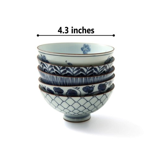 Mino Ware Japanese Pottery Set - Traditional Rice Bowls - Blue and White Asian Bowls - Hand Painted - Premium Ceramic - 5 Piece Soup Bowl Set