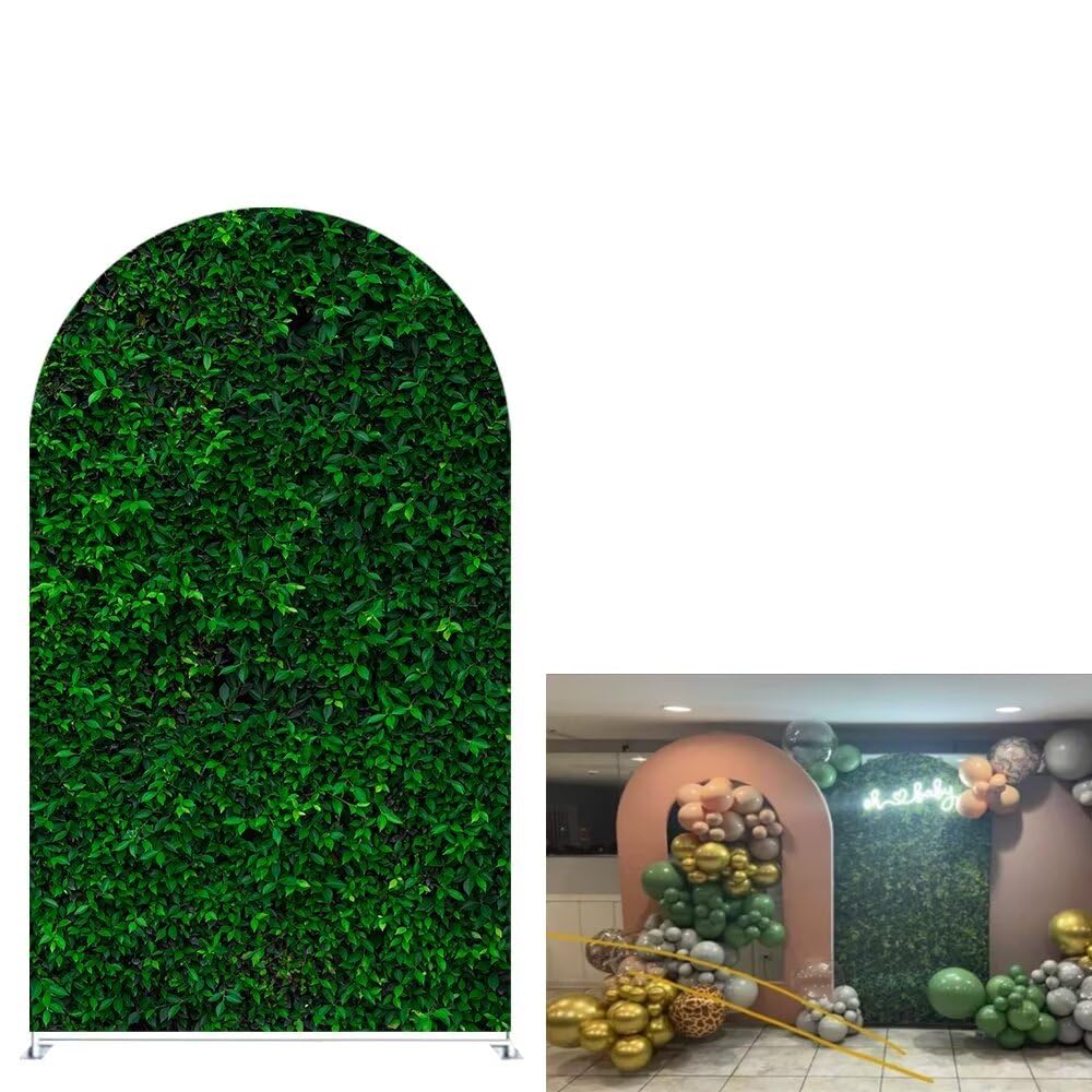 Aerdce 4x7ft Green Leaves Arched Stretchy Fabric Covers Double-Sided Arched Backdrop Stand Covers Chiara Backdrops for Wild Birthday Junlge Safari Parties Props GX-310