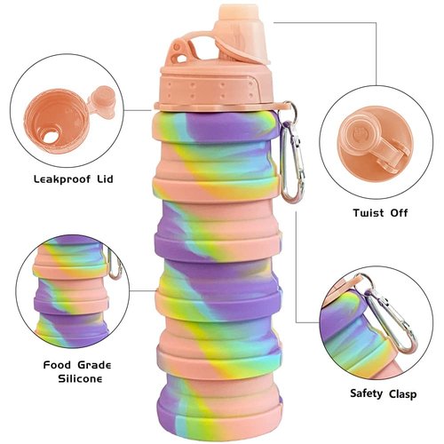 konlongzan Collapsible Water Bottles 4 pack Travel Water Bottle Portable Hiking Water Bottle with Leak proof Twist Cap 500ML Reusable BPA Free Silicone Water Bottles. (Black+Purple+Blue+Pink)