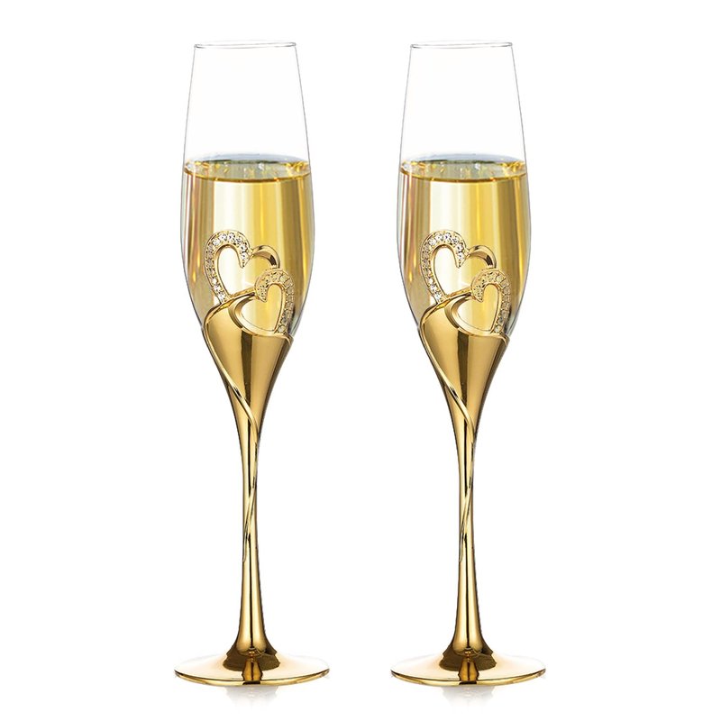 NUPTIO Champagne Flutes Wedding Gifts: Gold Toasting Glasses for Bride and Groom Heart Wine Cups Crystal Flute Anniversary Engagement Gift for Couples Hostess Mr Mrs 6.76oz