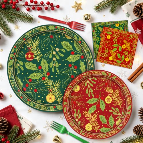Holly Leaf Red Berry Christmas Paper Plates & Napkins Party Set - Serves 24