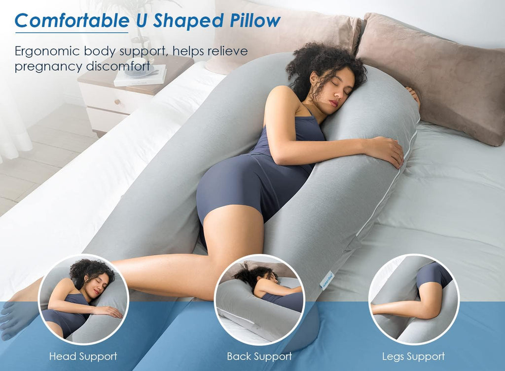 Queen Rose Extra Long U-Shaped Body Pillow - Cooling Pregnancy Pillow for Full Body Support, 65 Inch, Grey