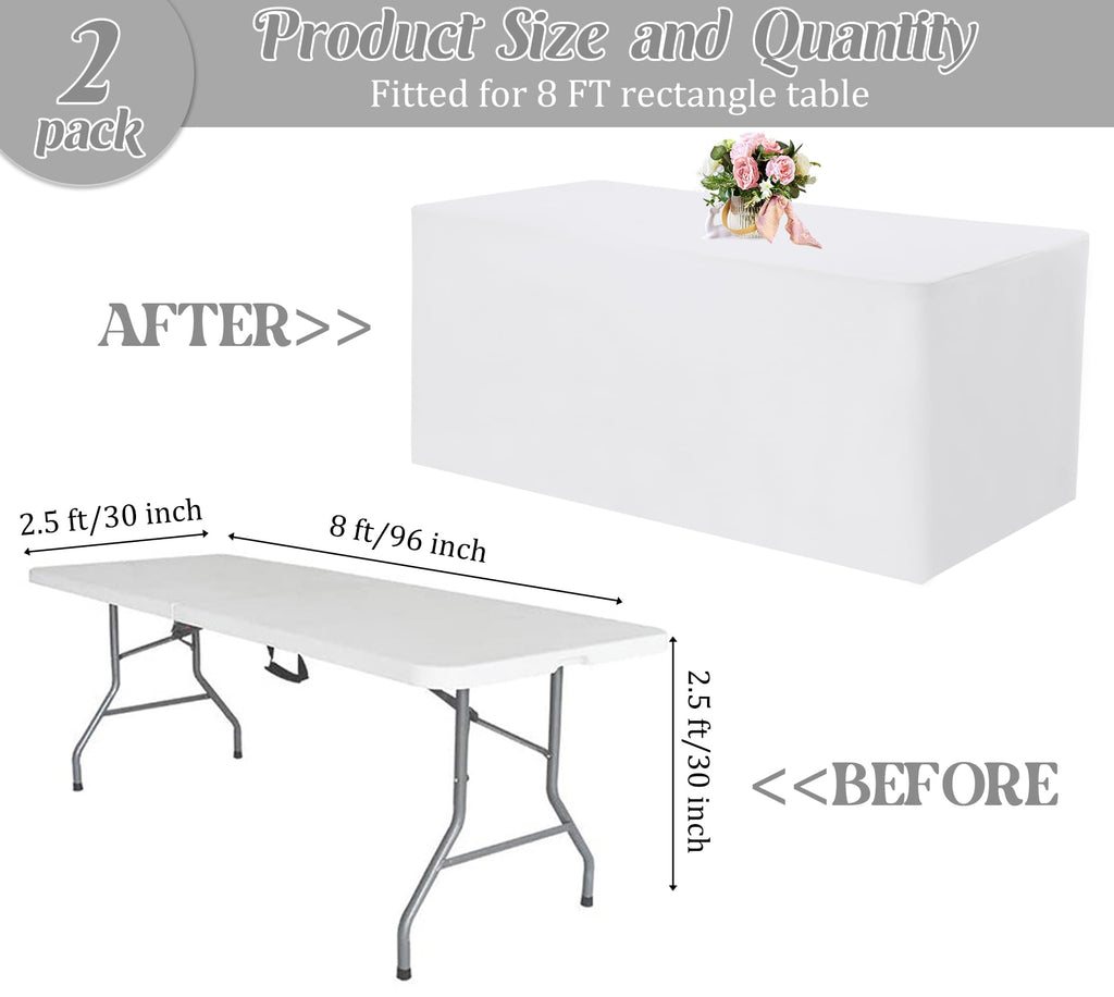 Fivenl 2 Pack Fitted Tablecloths 96 x 30 Inch, White Rectangle Table Clothes for 8 Foot Tables, Washable Polyester Fabric Table Cover for Parties, Wedding, Banquet, Trade Show