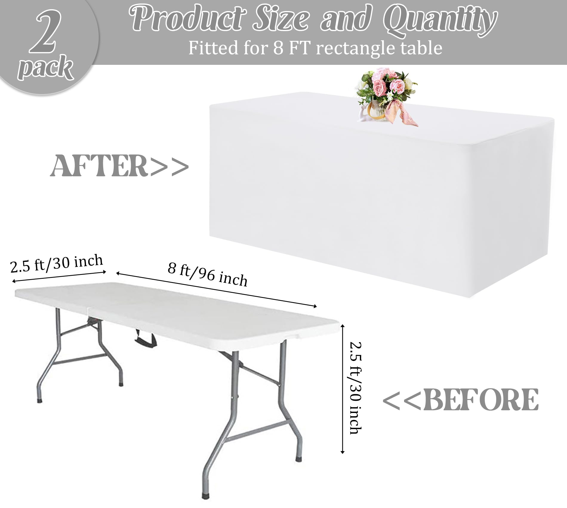 Fivenl 2 Pack Fitted Tablecloths 96 x 30 Inch, White Rectangle Table Clothes for 8 Foot Tables, Washable Polyester Fabric Table Cover for Parties, Wedding, Banquet, Trade Show