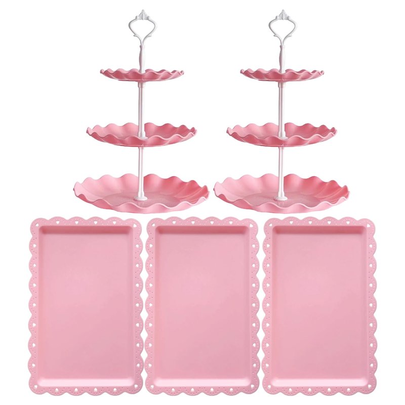 RAUVOLFIA 5 Pcs Dessert Stand Set, 2X Small 3 Tiers White Plastic Cupcake Stand Holder & 3X Rectangle Party Serving Trays/Platters for Wedding Birthday Baby Shower Tea Party Buffet (Pink)