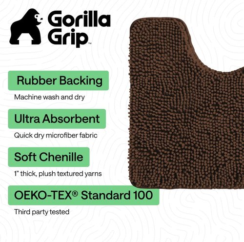 Gorilla Grip Plush Chenille Bath Rug Mat - Soft, Absorbent, Machine Washable for Oval Toilet Base | Brown