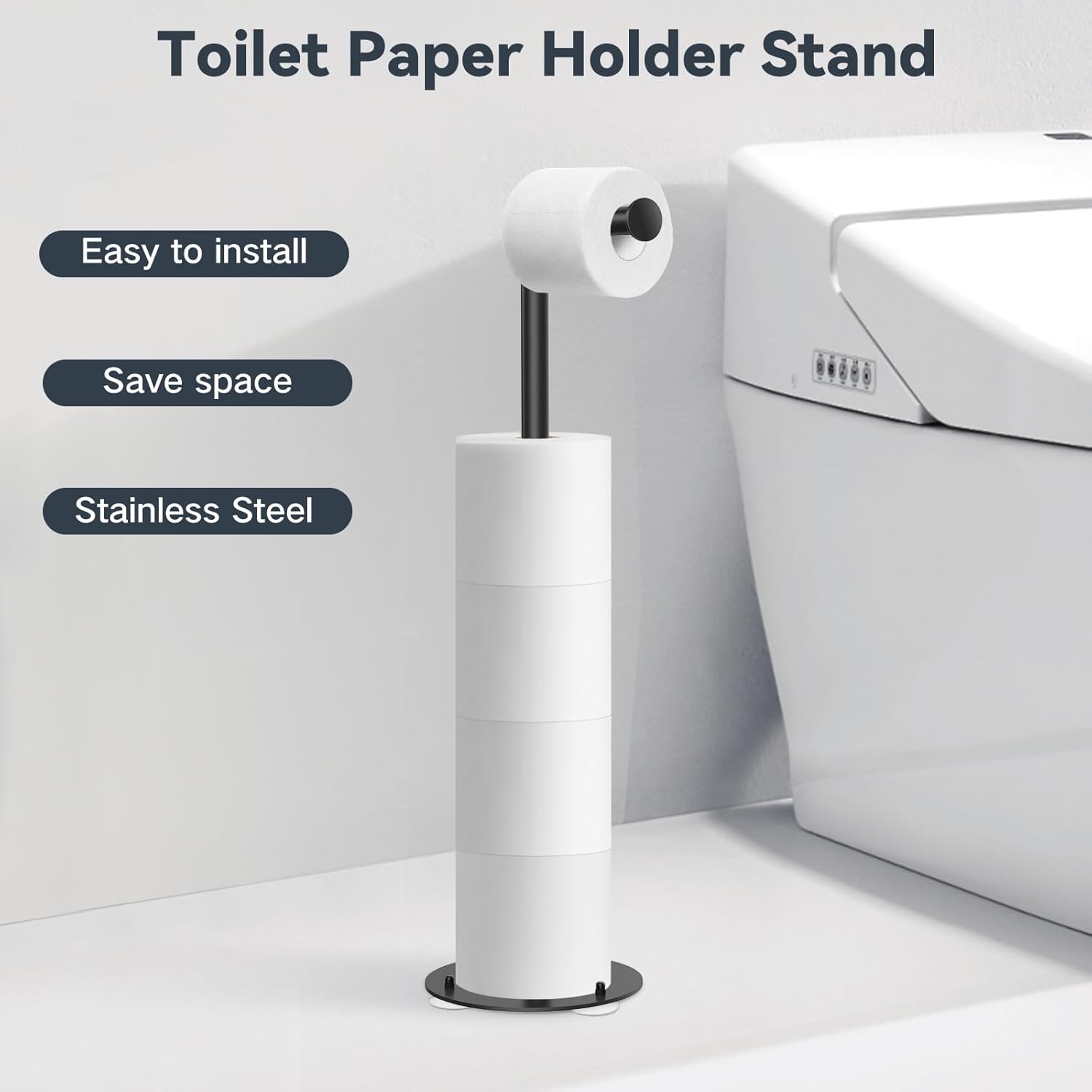 SetSail Toilet Paper Holder - Free Standing Stainless Steel Design with Suction Cups | Black