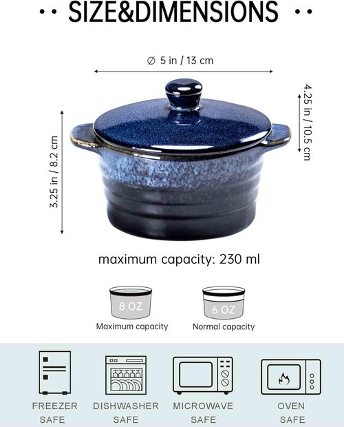 Henten Home Ceramic Ramekins - 8 Oz Porcelain Mini Cocotte Set of 4 with Lid & Handle | Deep Blue
