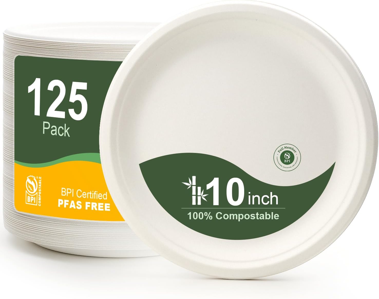 WELLIFE 10-Inch Compostable Paper Plates - 125-Pack Heavy Duty, Eco-Friendly & Microwaveable | BPI Certified