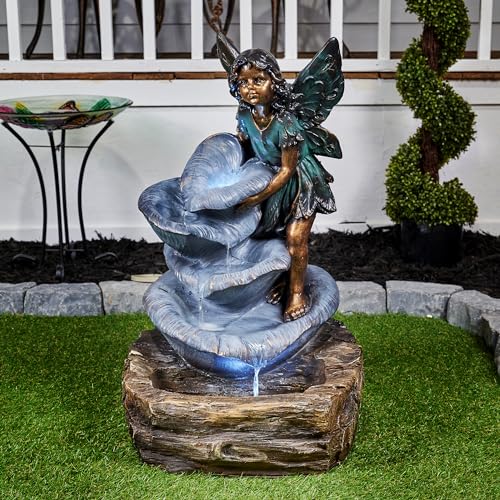 Fairy on Rock Water Fountain with LED Lights for Indoor and Outdoor Decor