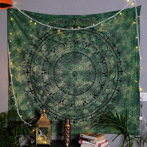 Indian Cotton Mandala Wall Hanging Tapestry - Green Boho Decor, 50x60"