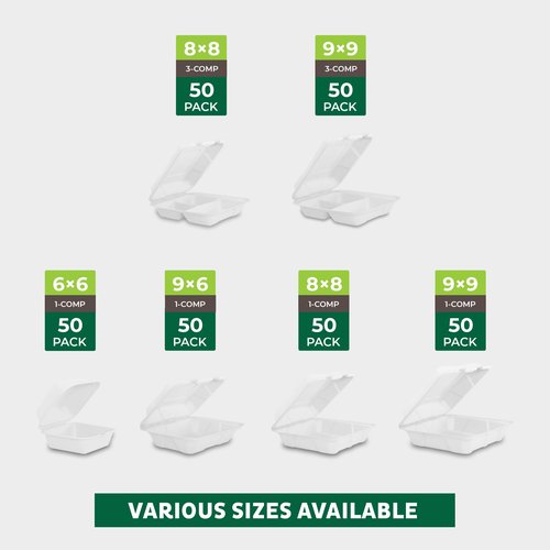 Freshware Clamshell Food Containers with Lids [8x8 200-Pack] Disposable To Go Containers, Biodegradable Sugarcane To Go Boxes - Paper Container - Microwave & Freezer Safe, Stackable