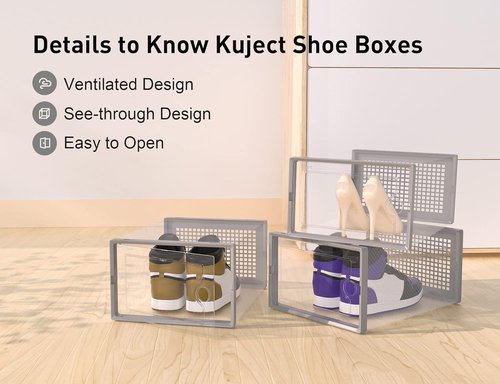 Kuject X-Large Shoe Storage Boxes - Clear Plastic Stackable Organizers | 12 Pack for Sneakers & Toys, Grey