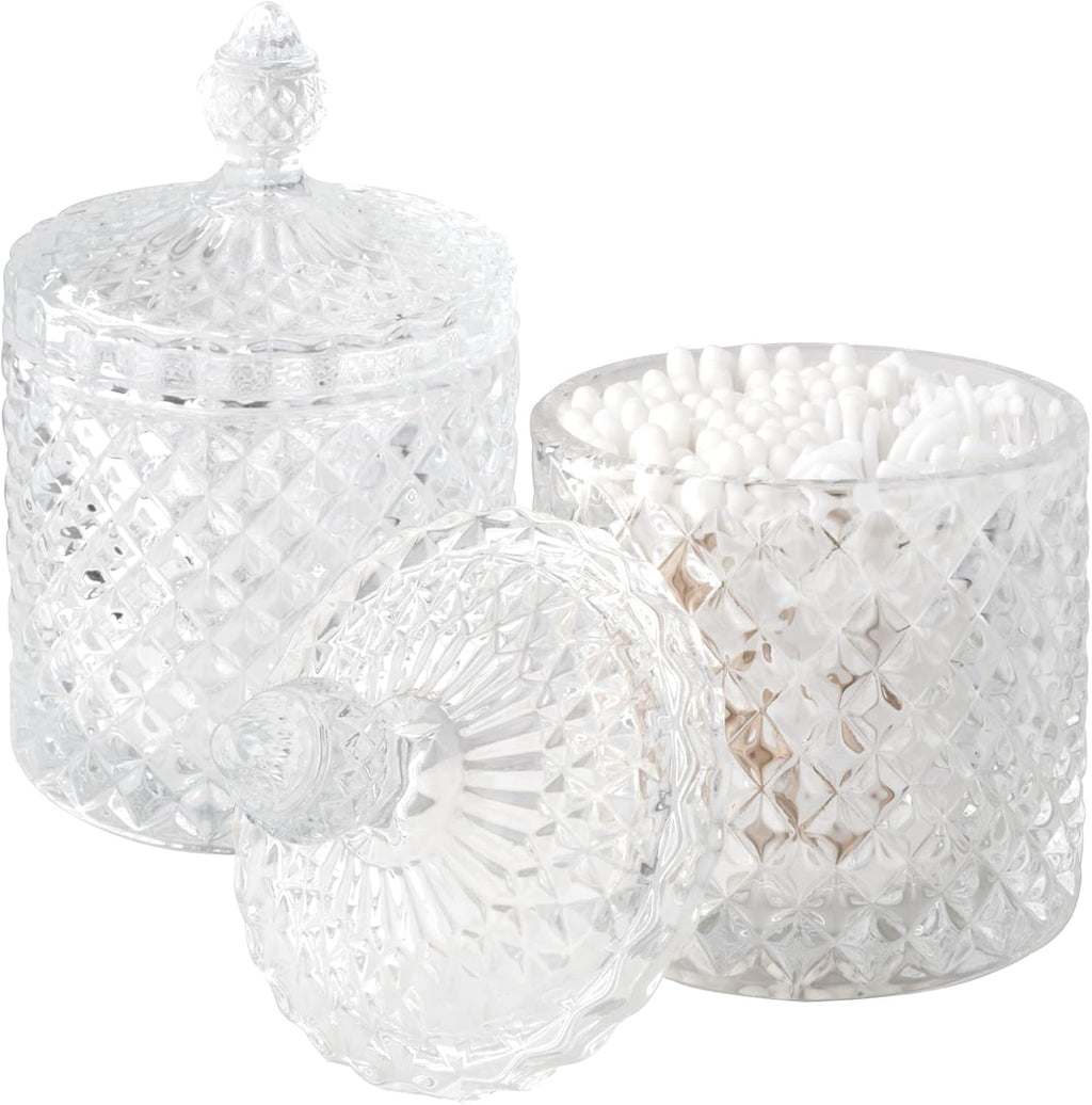 Qtip Holder - Thick Glass Apothecary Jars with Lid | 2 Pack Bathroom Storage for Cotton Swabs, Jewelry & More