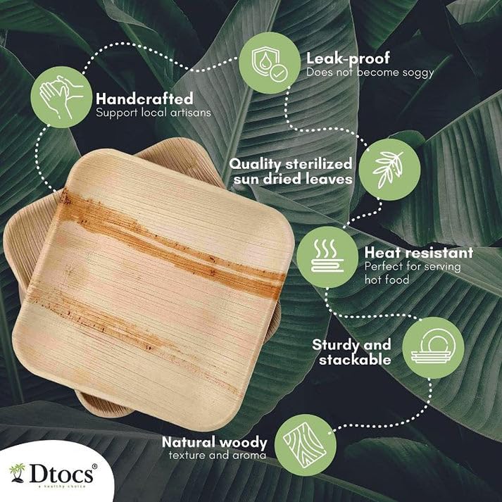 Dtocs Palm Leaf Plates 6 Inch Square (50) | Bamboo Look Disposable Look Appetizers, Camping, Dessert, Appetizer Plates, Mini Charcuterie Boards | Compostable Alternate to 6" Paper Plate