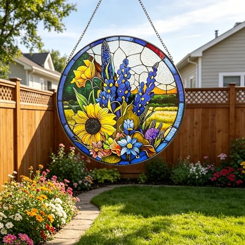 Sunflower & Lavender Stained Glass Suncatcher - 9.8 Inch Hand-Painted Window Decor
