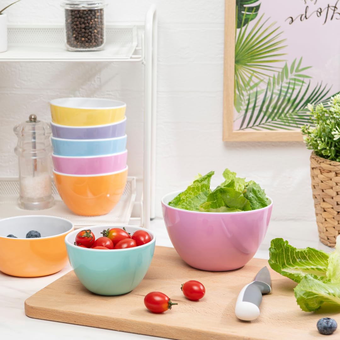 bzyoo Set of 6 Small ColorPop Melamine Bowls, 4.25" 11.8 OZ for Dessert, Prep, Dipping Sauce, Ice Cream, Side Dishes, Snacks, Soups, Salads - Pastel