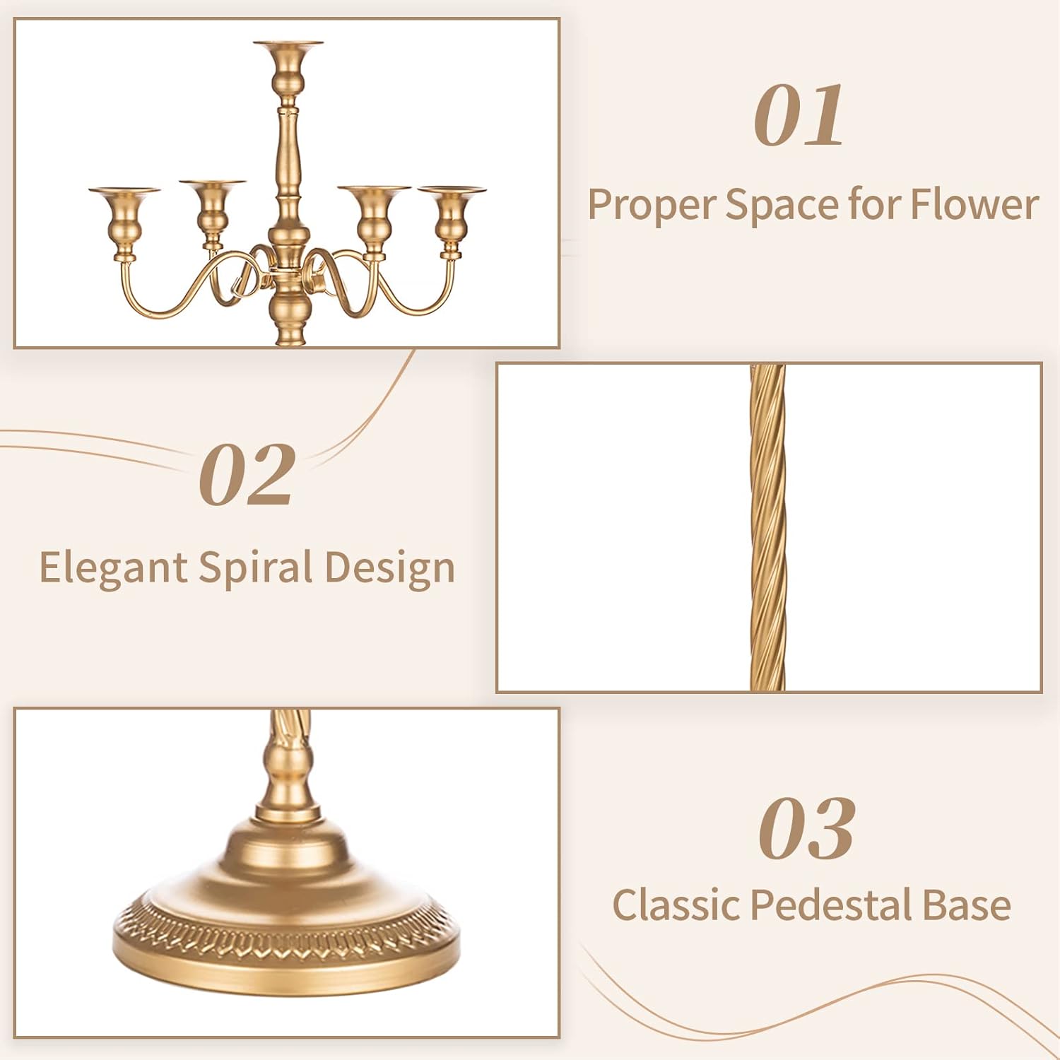 Sziqiqi Gold Floor Candelabra | Tall 5-Arm Metal Candle Holder for Elegant Wedding Centerpieces