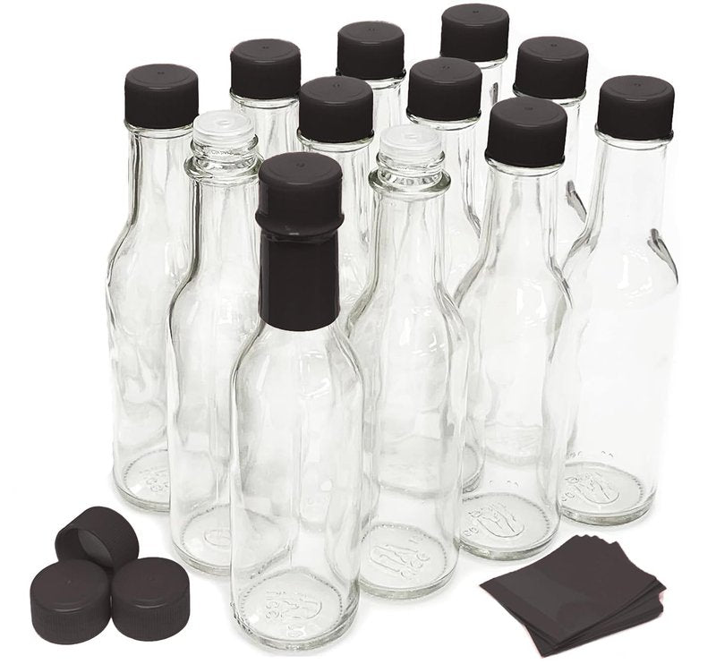 Hot Sauce Bottles with Shrink Bands, 5 Oz (Black Cap, 12 Pack)