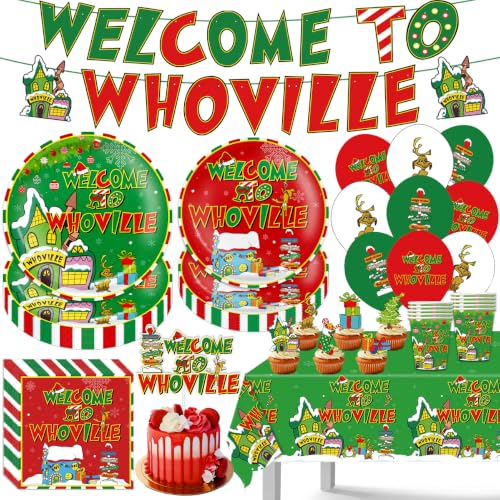 Christmas Party Disposable Tableware Set for 20 Guests | Plates Cups Napkins Balloons