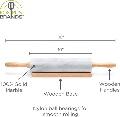Fox Run Polished Marble Rolling Pin - 10-Inch Barrel with Wooden Cradle | Elegant White Design