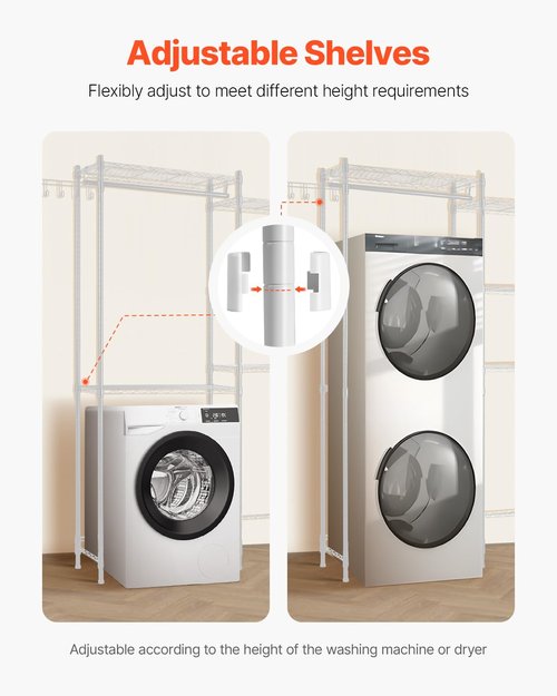 VEVOR Over The Washer and Dryer Storage Shelf, 5 Tier Laundry Room Drying Rack with Hanger Rod and Hooks, Adjustable Over Washer and Dryer Shelves, Laundry Room Shelf Storage Space Saver, White