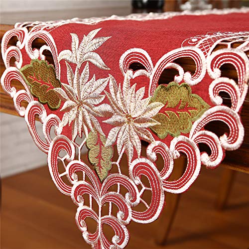 Sattiyrch Red Embroidered Christmas Table Runner 15x69 Inches - Poinsettia Holly Decor