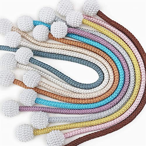 Magnetic Curtain Tiebacks with Pearl Ball, 3-Piece Braided Rope Set