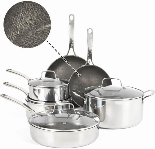 Martha Stewart Badgley Hybrid Nonstick Cookware Set - 10 Piece TriPly Stainless Steel Pots & Pans, Non-Toxic, Dishwasher Safe