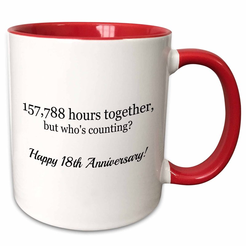 3dRose Happy 18th Anniversary - 157788 hours together 11oz Two-Tone Red Mug