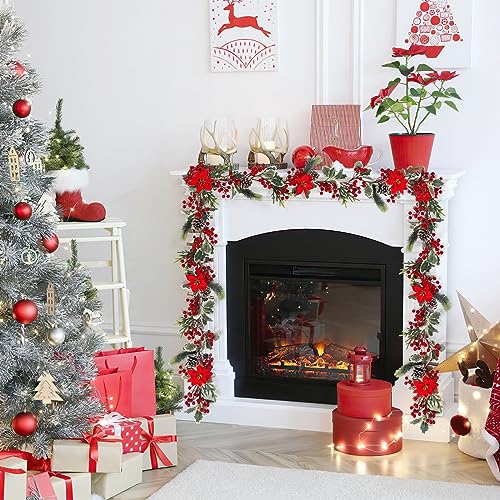 2PCS Red Berry Christmas Garland with Pine Cones & Poinsettias, 12FT Holiday Decor