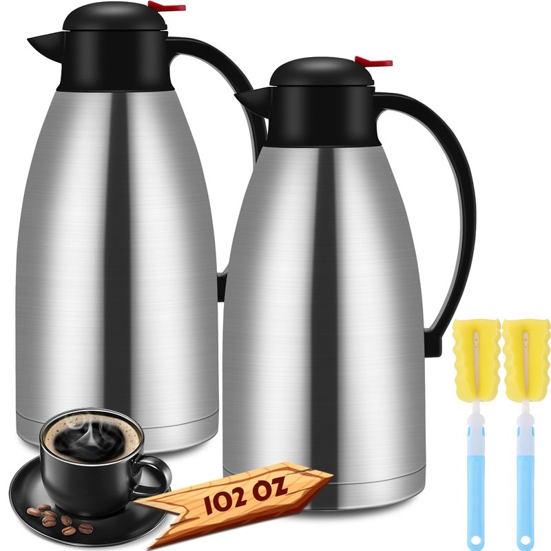 Nuogo 2 Pcs 102 oz Thermal Coffee Carafe Insulated Stainless Steel Carafe Double Walled Vacuum Coffee Thermal Pot with Brush for Home Office Use Keep 24 Hours Hot Water Tea(Silver)