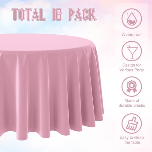 16 Pack Light Pink Plastic Tablecloth for Round Tables, Premium Decorative Pink Disposable Table Cloths for Parties, Bulk Round Party Table Cover for Birthday Wedding Anniversary Graduation, 84 Inch