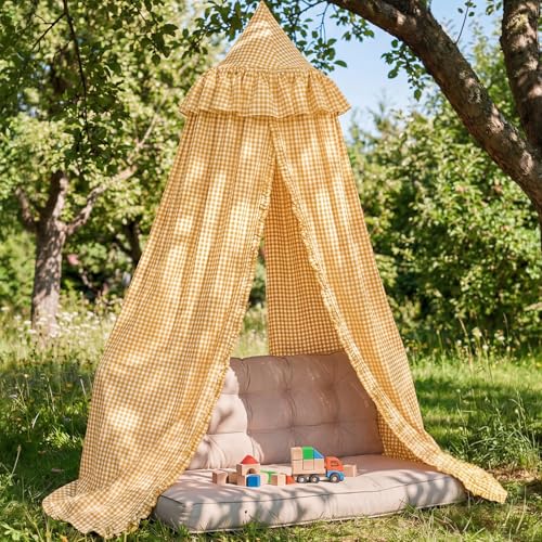 Yellow Gingham Plaid Bed Canopy with Ruffles - Soft Vintage Hanging Tent