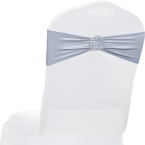 MDS Spandex Foil Chair Sashes - Universal Elastic Stretch Bands with Buckle for Weddings | Metallic Silver - Pack of 50