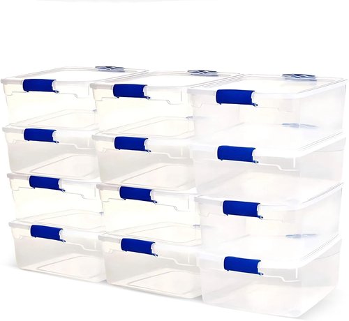 HOMZ Clear Plastic Storage Organizer Bins - 12-Pack 15.5 Quart Stackable Containers in Blue for Home & Office