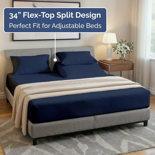 Flex Top Split Head King Sheet Set - Comfy Cooling Bed Sheets | Luxury Hotel Quality - Navy Blue