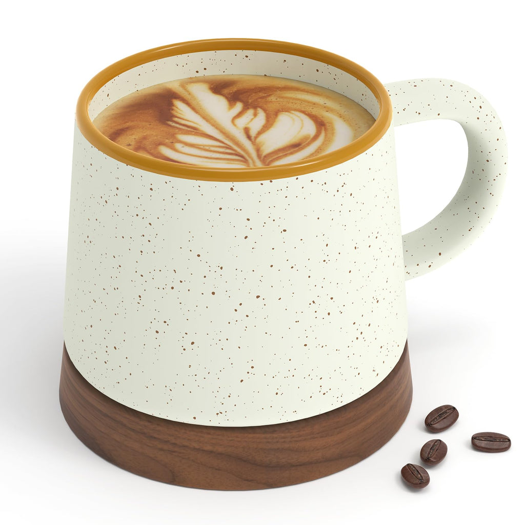 Bulete 12 oz Ceramic Coffee Mug with Walnut Coaster Lid, Ceramic Porcelain Coffee Cup Tea Cup for Office and Home, Dishwasher and Microwave Safe (Beige)