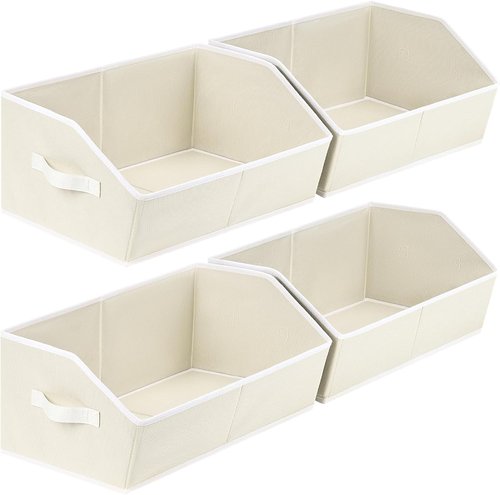 Homsorout Cube Storage Organizer - Large Trapezoid Bins with Handles | 4-Pack Beige Decorative Baskets for Clothes, Blankets, Books