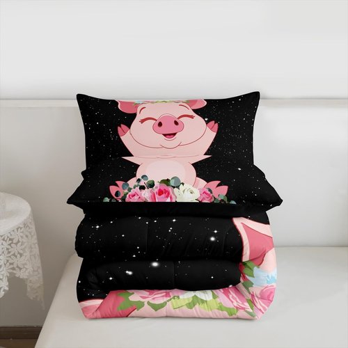 Erosebridal Pink Pig Comforter Set for Girls Kawaii Room Decor Queen, Rose Floral Leaf Duvet Insert for Kids Boys Children Cute Farm Animal Quilt Cartoom Style Soft Lightweight Bedding Set 3 Pieces